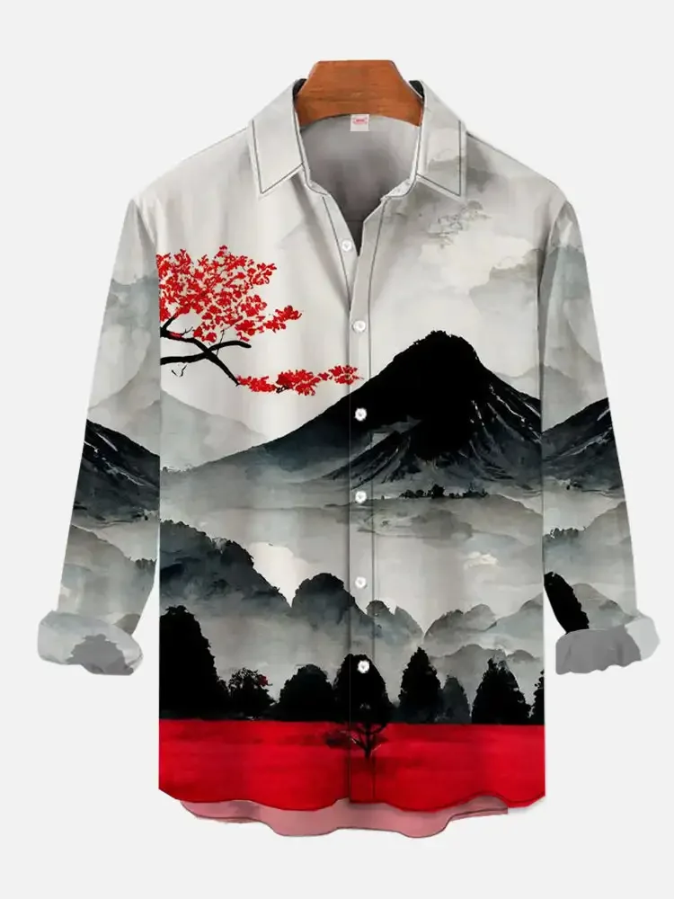 

Sakura Mount Fuji printed men's long-sleeved shirt Japanese art style casual lapel top 2024 new large size men's shirt S-6XL