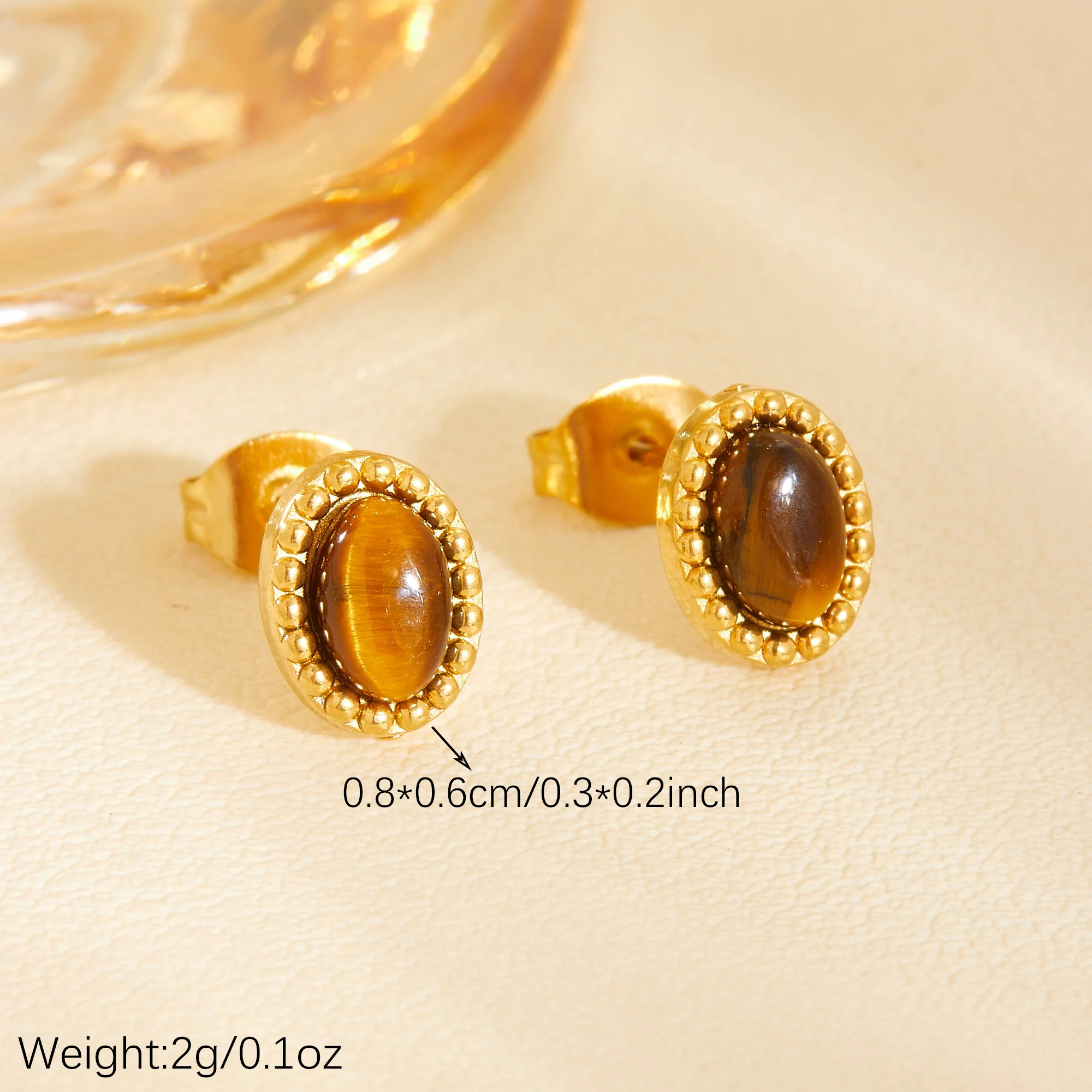 DIEYURO Stainless Steel Vintage Boho Tiger Eye Stone Jewelry Set for Women Oval Gem Necklace Open Ring Ear Studs Jewellery Gift