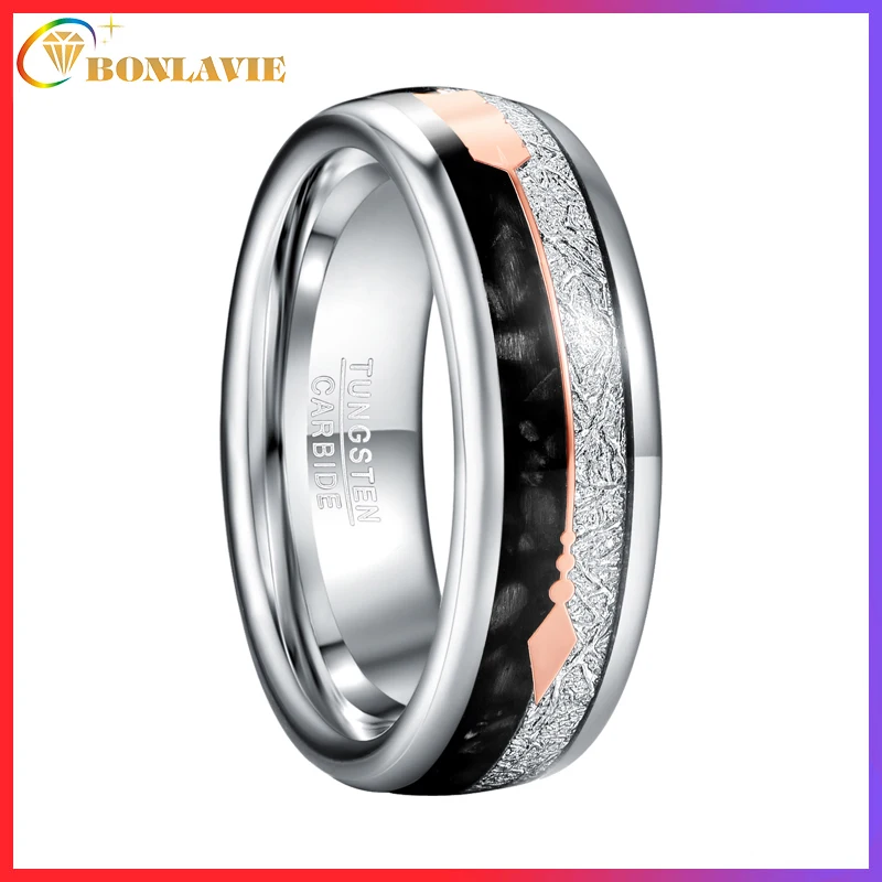 BONLAVIE 8MM Inlaid Meteorite Black Agate Steel Tungsten Steel Ring Tungsten Carbide Men Ring Wedding Bands