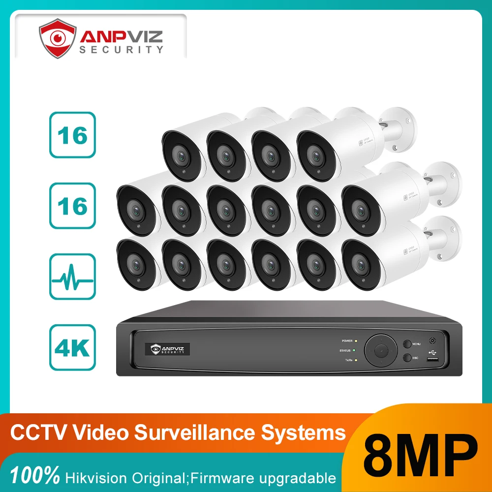 Anpviz 16CH 4K NVR 8MP POE IP Camera System Indoor/Outdoor IP Camera Security Surveillance Kit IP66 30m P2P