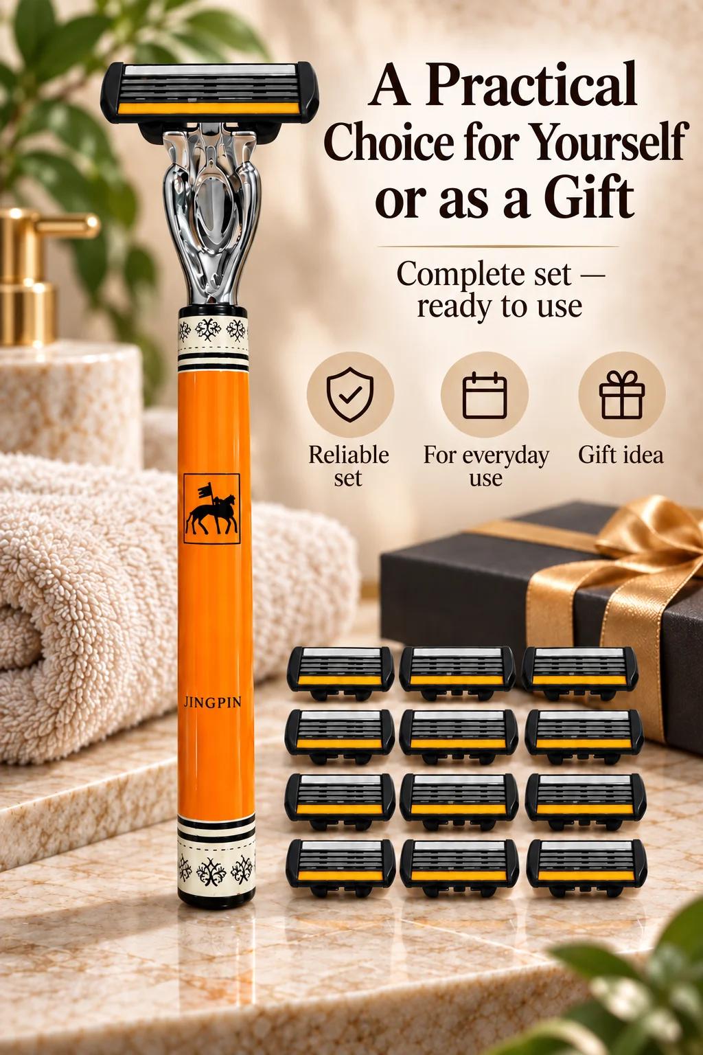 JINGPIN men's razor with replaceable cartridges, 12 cartridges, reusable manual shaving razor