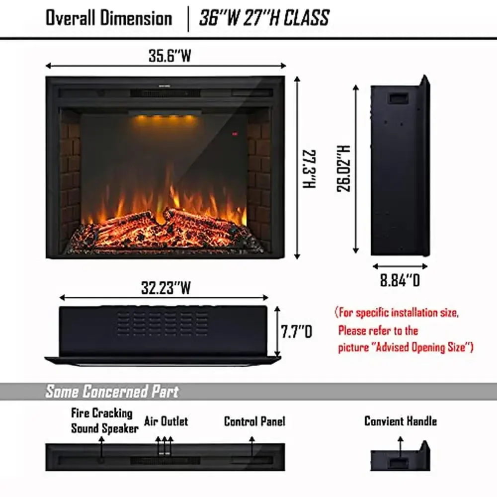 Electric Fireplace Insert Retro Recessed Heater Fire Cracking Sound Remote Control Timer 750/1500W Brick Wall Style Black.