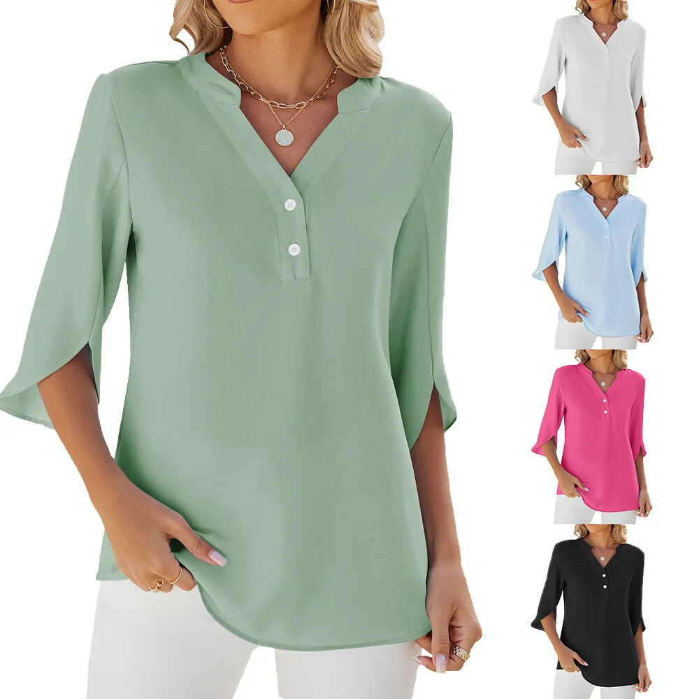 

Women's V-neck Button Midsleeve Loose T-shirt Top by Temu2025 Comfortable Breathable Other Material 100% Autumn Fashion
