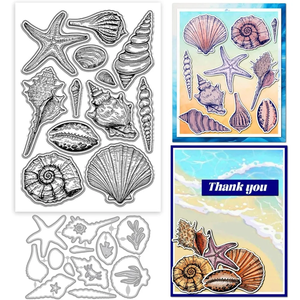 Sommer-Ozean-klare Stempel und Metallstanzformen, Muschelschale, transparenter Stempel, Seesterne-Koralle-Stanzformen für die Kartenherstellung