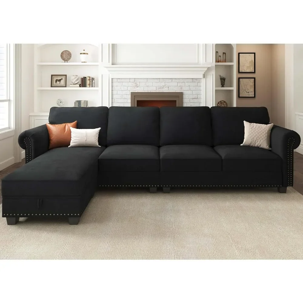 Black Sofa Bed L Shaped Sectional Couch Convertible Sofa Couch With Reversible Chaise 4 Seater Sofa for Small Space Sofas Living