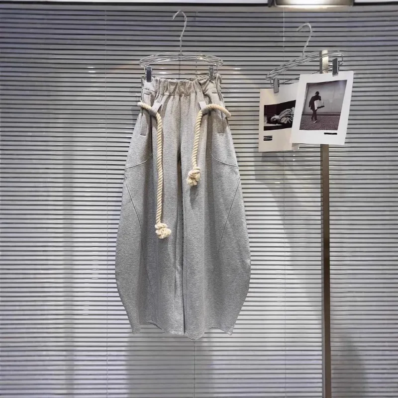 

Осень 2023, новые модные персонализированные вязаные пояса из пеньковой веревки, свободные широкие повседневные брюки, брюки-фонарики, женская одежда