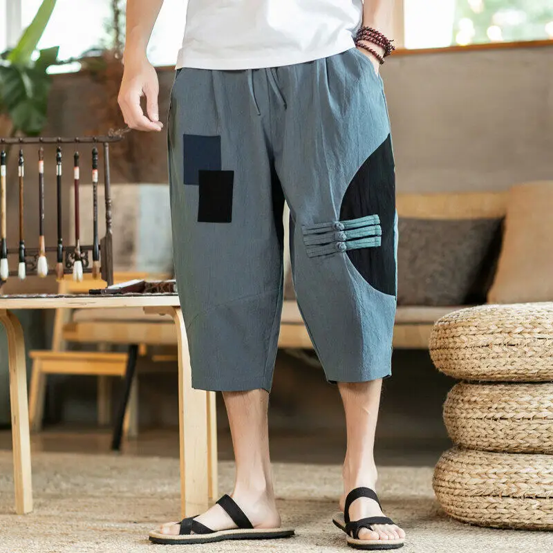 

Мужские шаровары в китайском стиле, хлопковые и льняные повседневные брюки длиной до икры, свободные брюки с эластичной резинкой на талии, уличные брюки