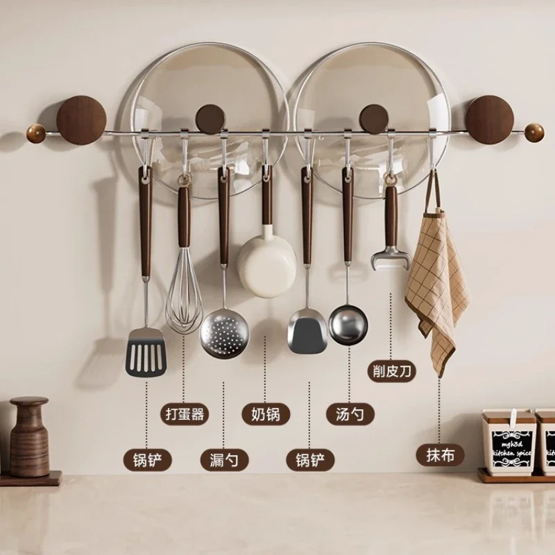 Walnut Kitchen Hooks Multi-Functional Utensil Rail Spatula Spoon Organizer Wall Mounted Storage Rack Row Style Pot Lid Holder