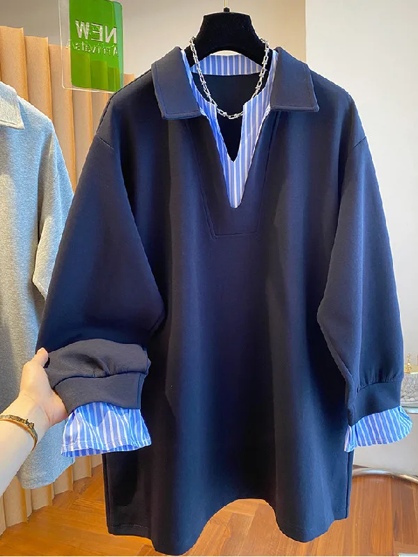 

plus Size Women's Striped Patchwork Mock Two-Piece Sweatshirt Dress Spring Autumn Loose Fit Korean Style Long Sleeve Midi Dress