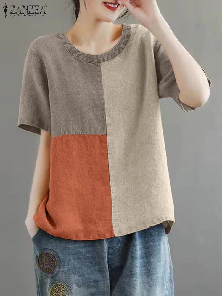

ZANZEA Casual Loose Holiday Cotton Linen Tops Women Patchwork Blouse 2024 Summer Short Sleeve Tunics Fashion Round Neck Shirts
