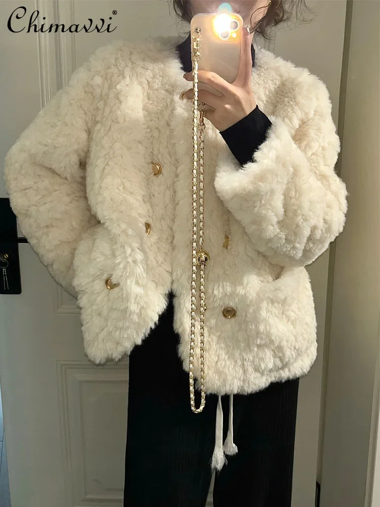 

Creamy-white Commute Style Round Neck Long Sleeve Double Breasted Women's Wool Coat 2023 Winter Loose Fur Stitching Cotton Coat