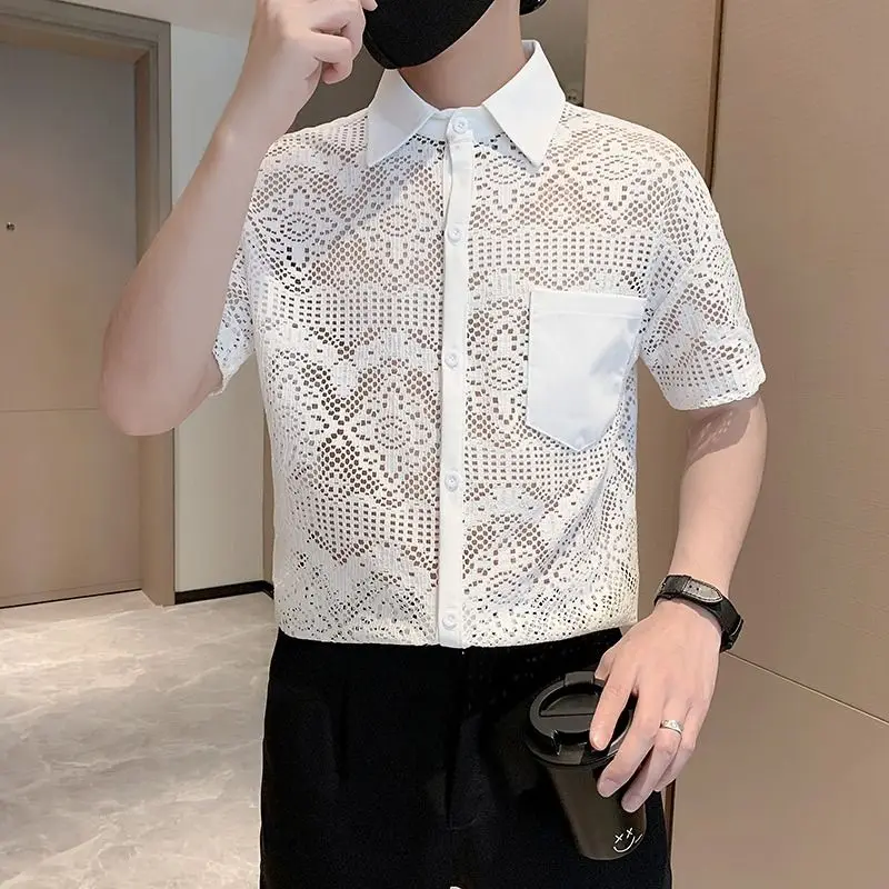 Men\'s Korean Fashion Sexy Hollow Luxury Business Casual Button Down Shirt Summer Black White Short Sleeve Slim Tops Ropa Hombre