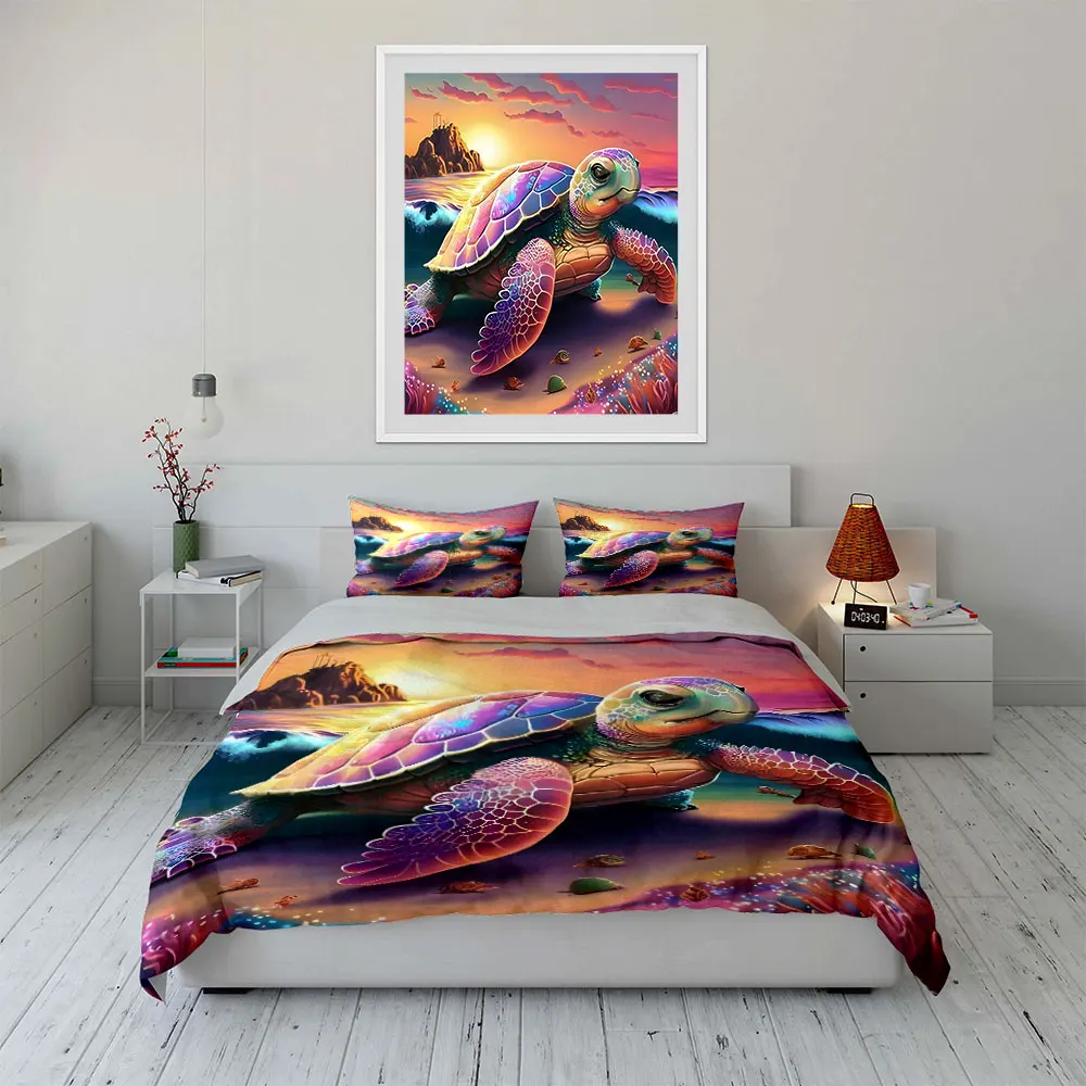 Colorful Turtle and Dreamy Sunset Pattern Duvet Cover Set Digital Print Colorful Polyester Bedding with Zipper Closur for gifts