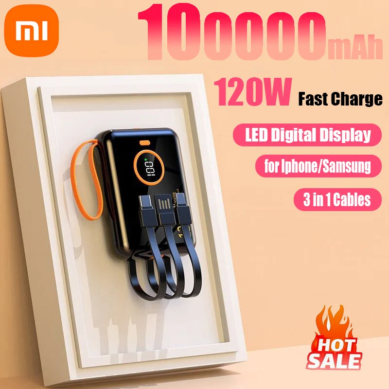 Xiaomi 120W Fast Charging Power Bank 100000mAh Powerbank 3 in 1Built-in Cable External Battery for iPhone Huawei Xiaomi 2024New