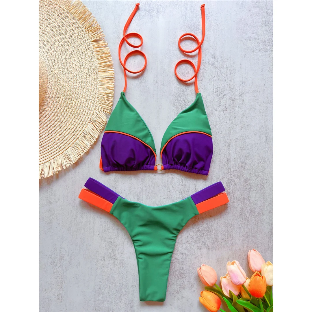 Splicing Neckholder High-Cut Brazilian Bikini Damen Bademode Zweiteiliger Bikini-Set Badeanzug Badebekleidung Schwimmanzug V6067 – Detail 22
