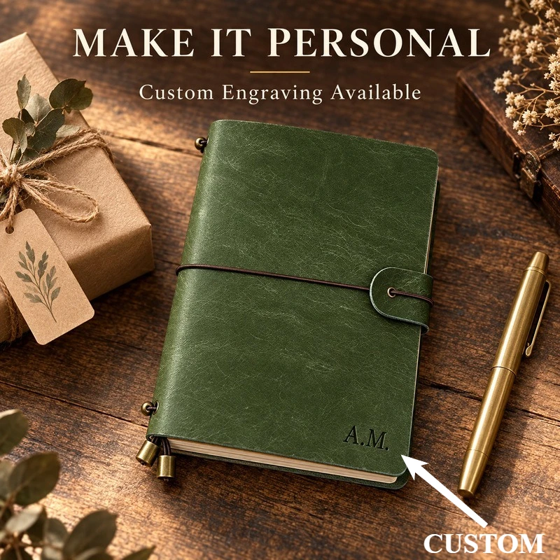Vintage Leather Journal Notebook - A7 A6 Pueblo Forest Green Frosted