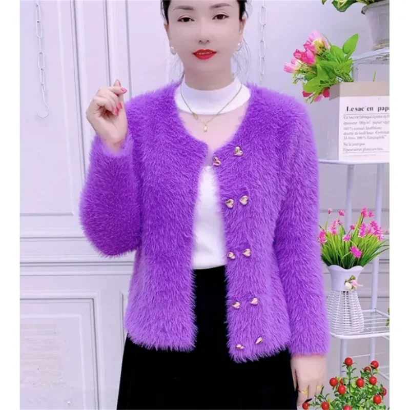 

2025 Small Fragrant Soft Sticky Knitted Sweater Women Autumn Winter Imitation Mink Velvet Sweater Jacket Versatile Cardigan Top