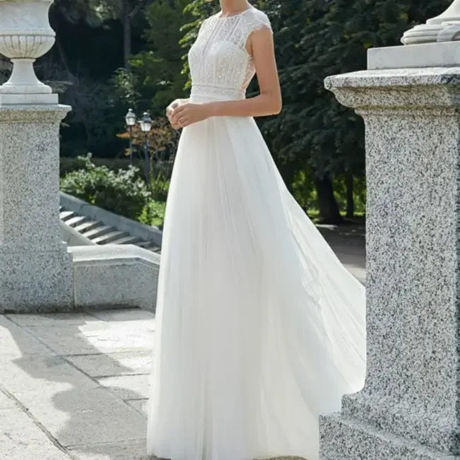 

Roycebridal Boho O Neck Lace Tulle A Line Wedding Dress for Women Cap Sleeve Sweep Train Bride Gown Customized Vestido Femininos