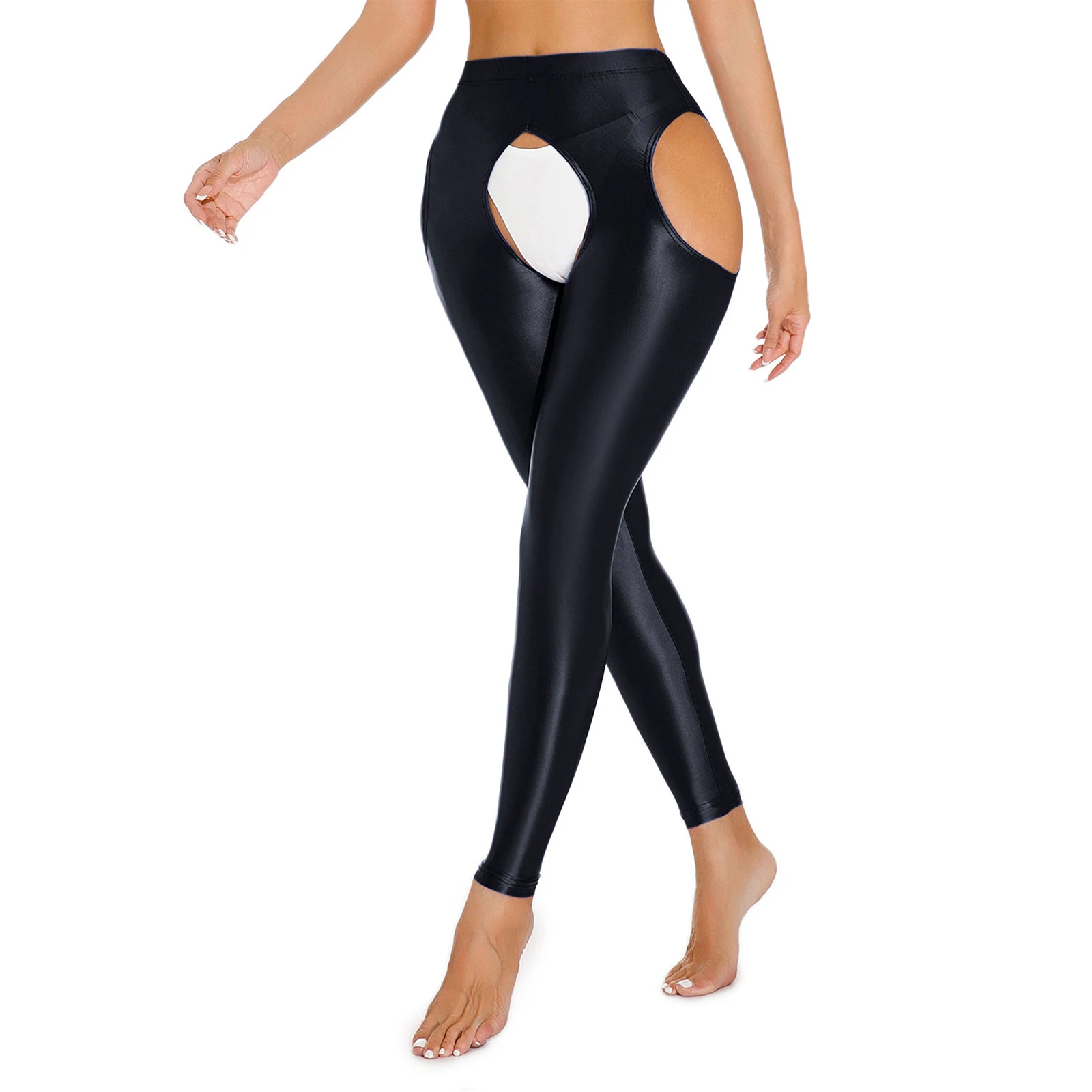 Womens Shiny Glossy High Waisted Cutout Open Crotch Leggings Hollow Out Crotchless Stretchy Tights Pencil Pants Long Trousers