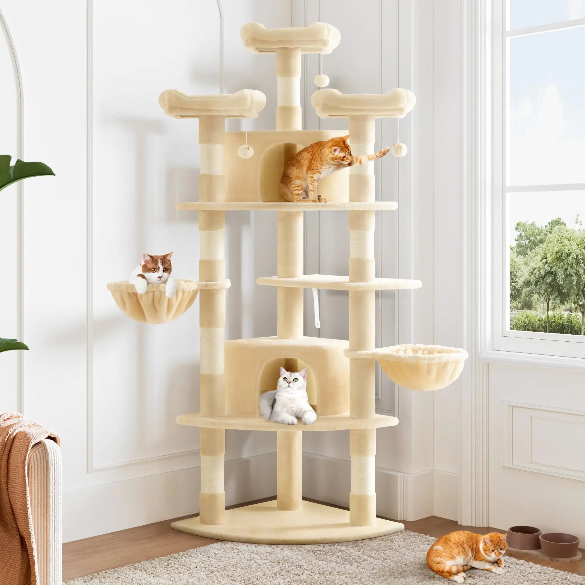 73in Fan-Shaped Space-Saving Corner Cat Tower/Multi-Level Tall Cat Tree for Indoor Kitties/Cozy