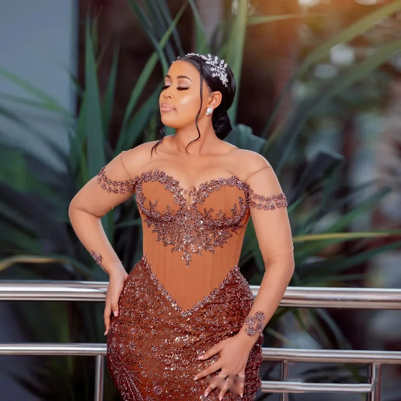 Brown Long Applique Sequin Prom Dress See Through Full Sleeves Transparent Mermaid Beading Prom Gowns Aso Ebi Evening Dresses