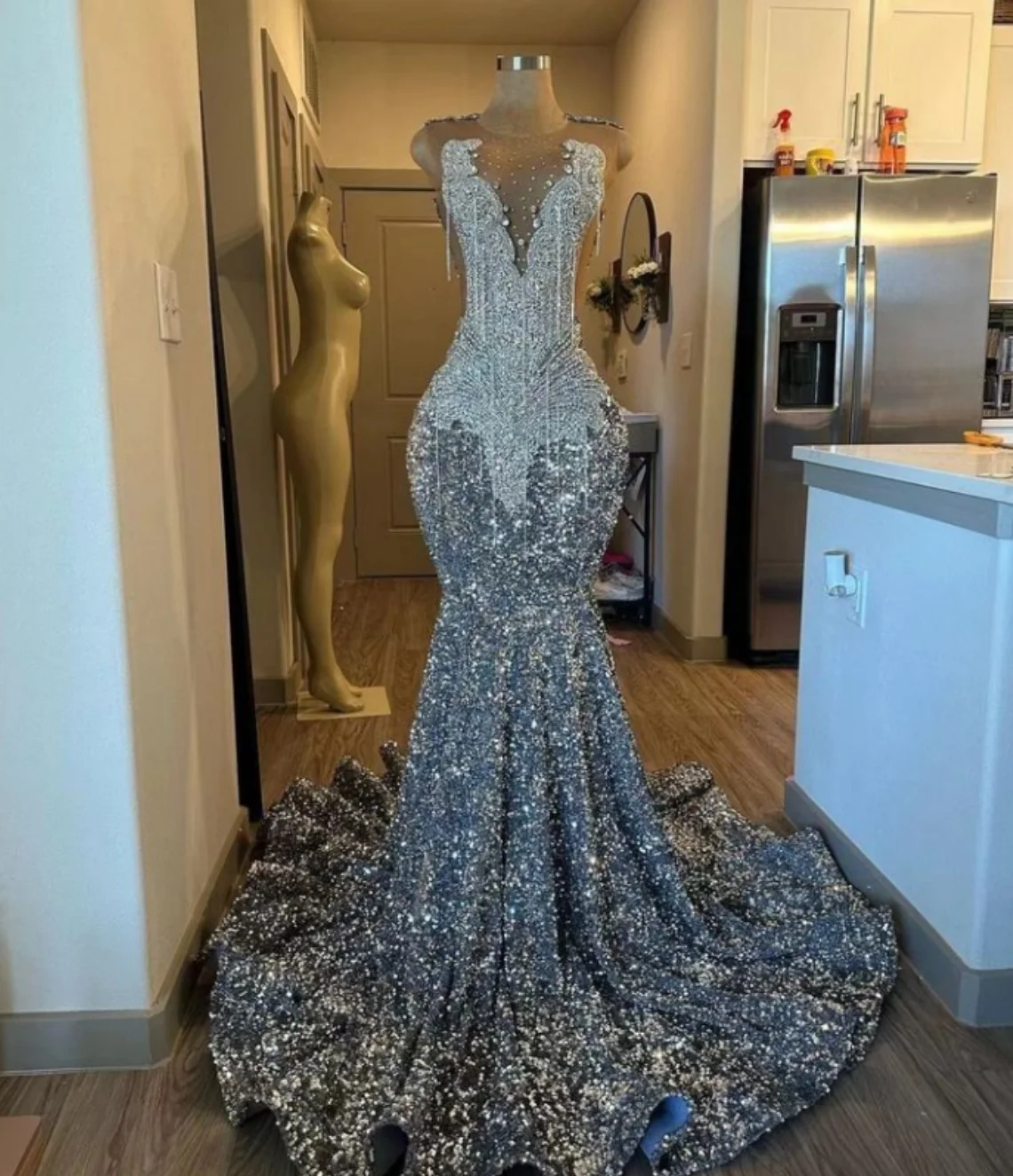 Real Image Silver Grey Sparkly Sequin Crystal Mermaid Prom Dresses Long for Black Women 2025 Crew Neck Evening Gowns Customized