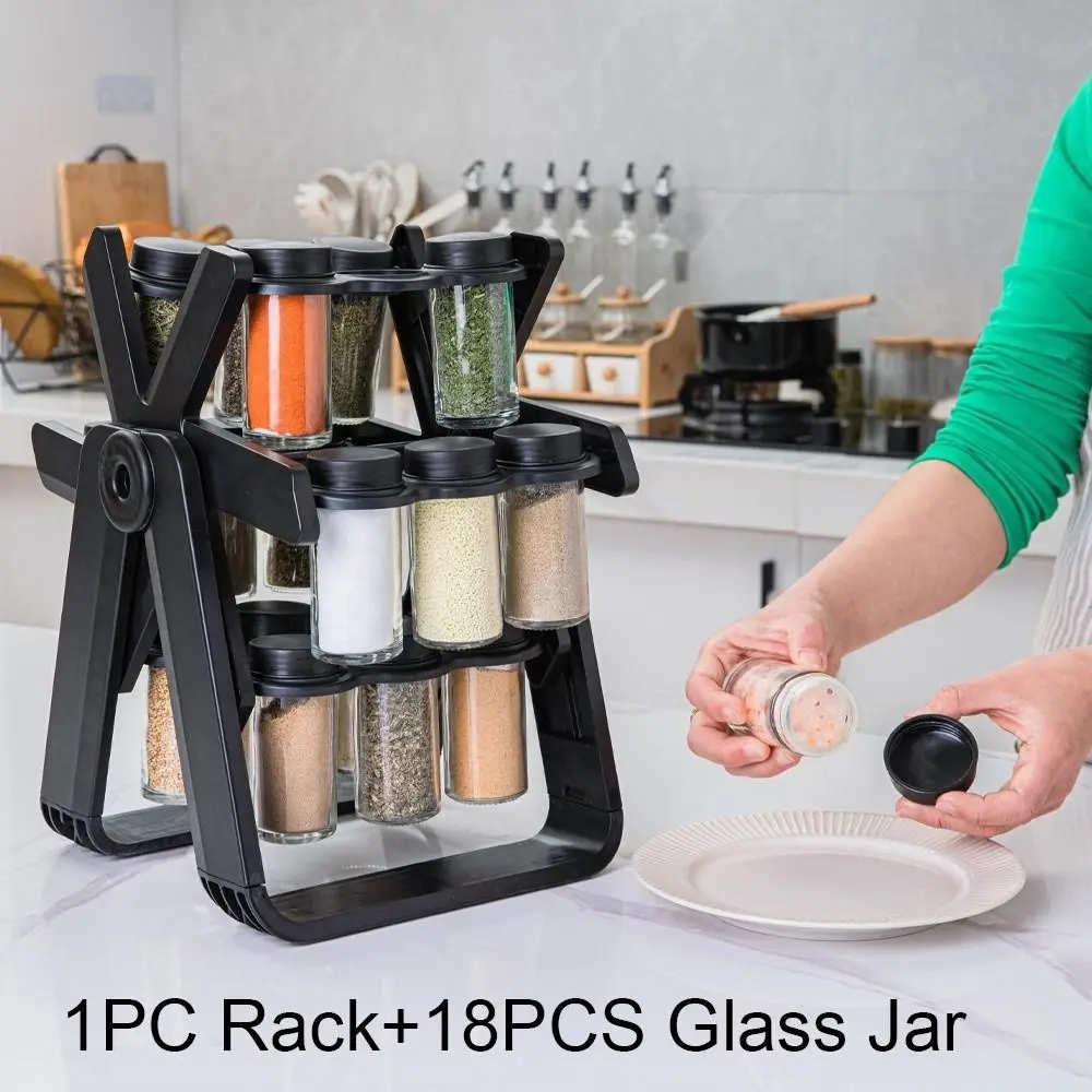

360 Degree Rotation Ferris Wheel Spice Rack Multi-Tier Space-Saving Rotating Spice Rack with 18 Glass Jars Seasoning Organizer