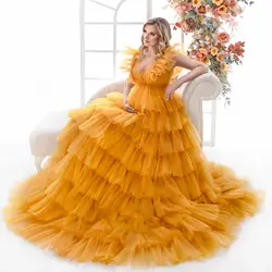 Illusion Orange Maternity Dress for Photo V Neckline Ruched Gala Robes for Pregnancy Tiered Tulle Babyshower Customized  Vestido