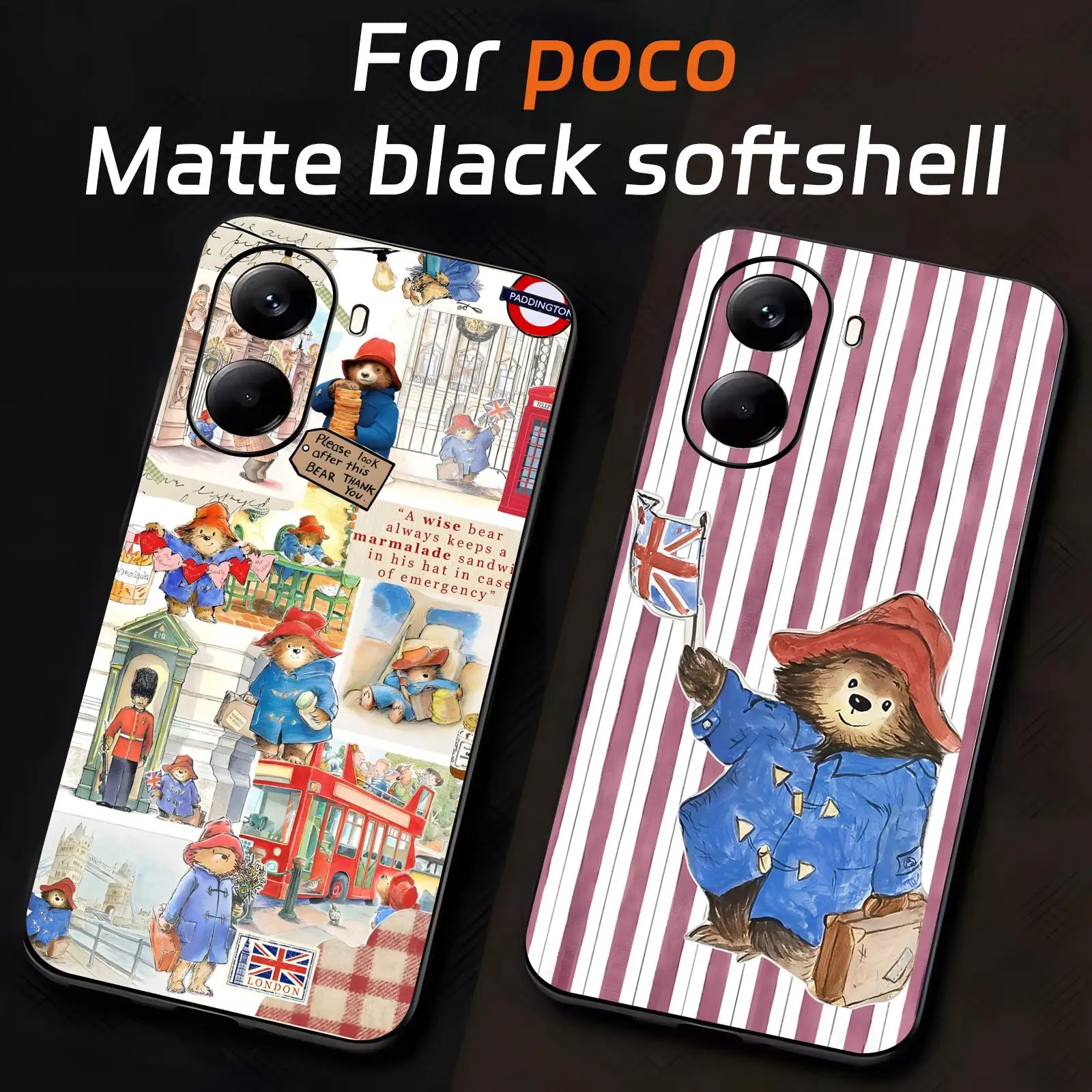 Funda de teléfono P-PaddingtonS Bear para Xiaomi POCO M7 M6 M5 X7 X6 X5 F7 F6 F5 Pro 5G, funda negra suave a prueba de golpes