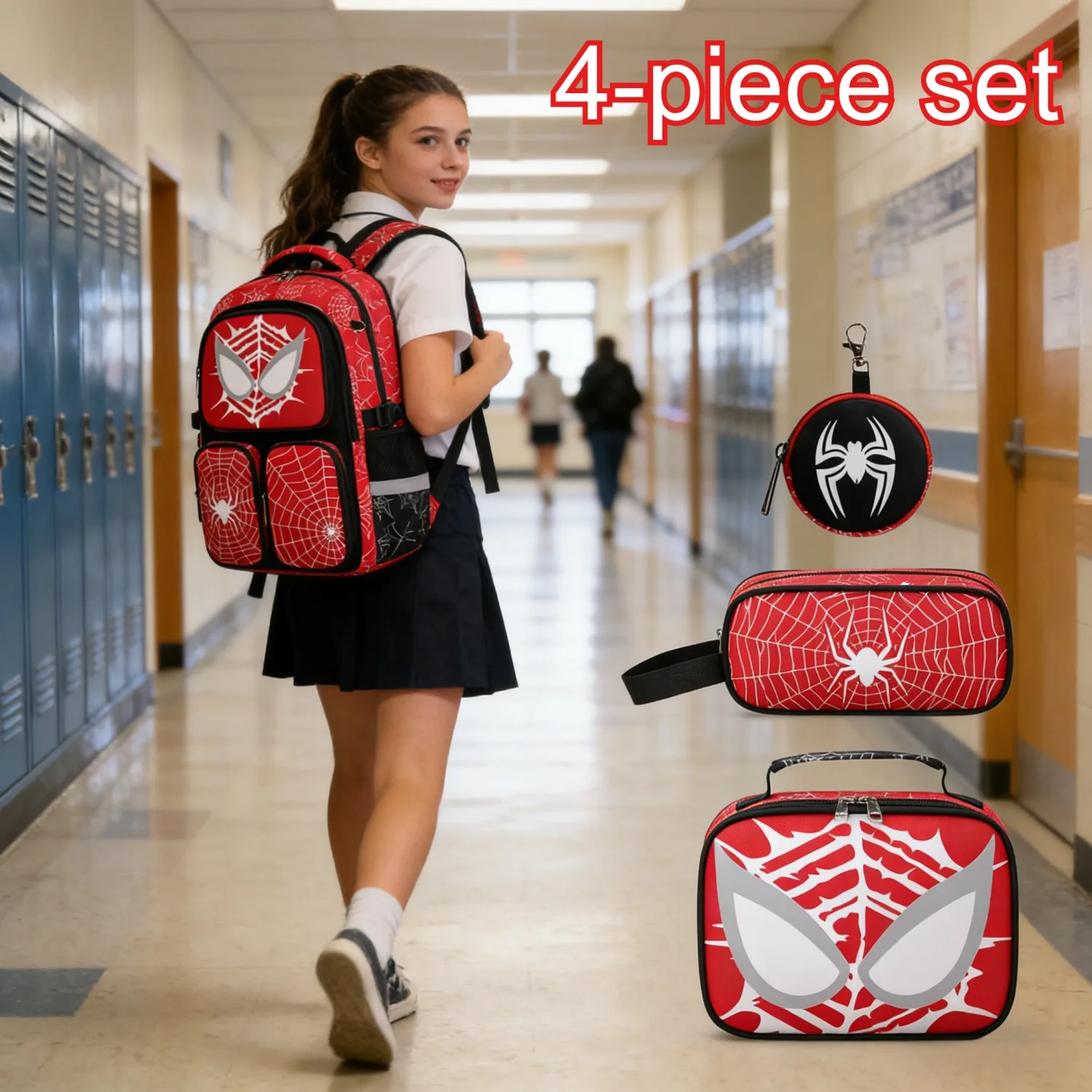 

4-piece set Glow Kids Backpack, Large Capacity Double Zipper School Bag with Lunch Bag Pencil Case Lightweight for Boys Girls