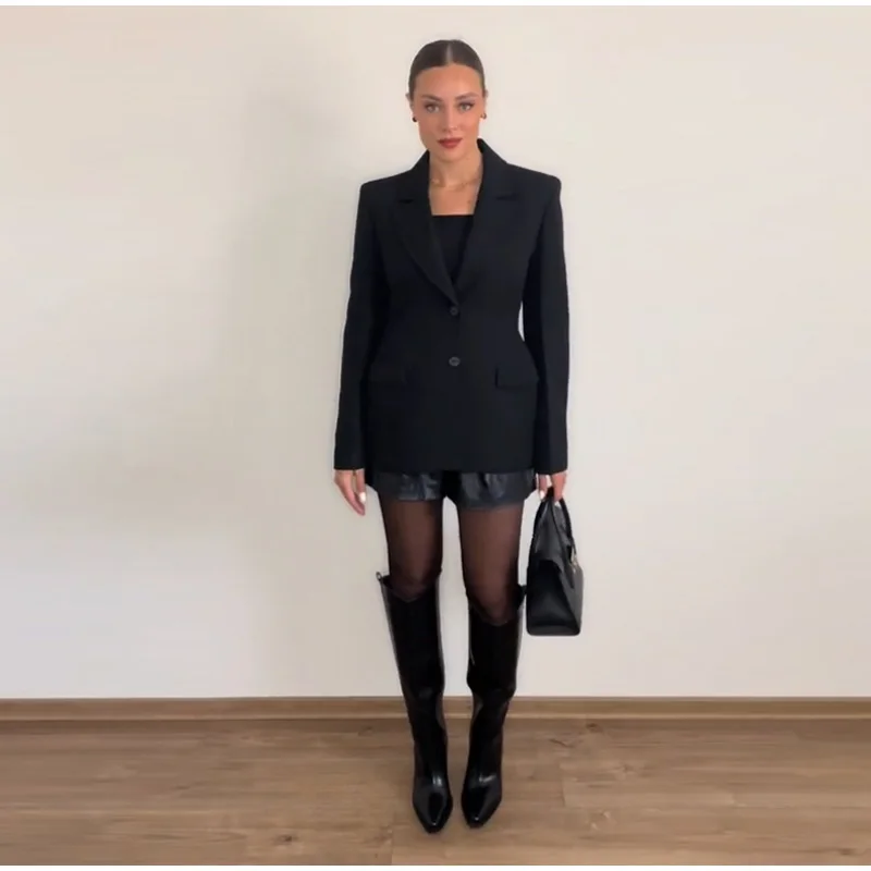 

Элегантный однобортный блейзер-пиджак для женщин, черный, с V-образным вырезом, с подплечниками, весенняя новинка, женская верхняя одежда для офиса и повседневной носки, уличный стиль