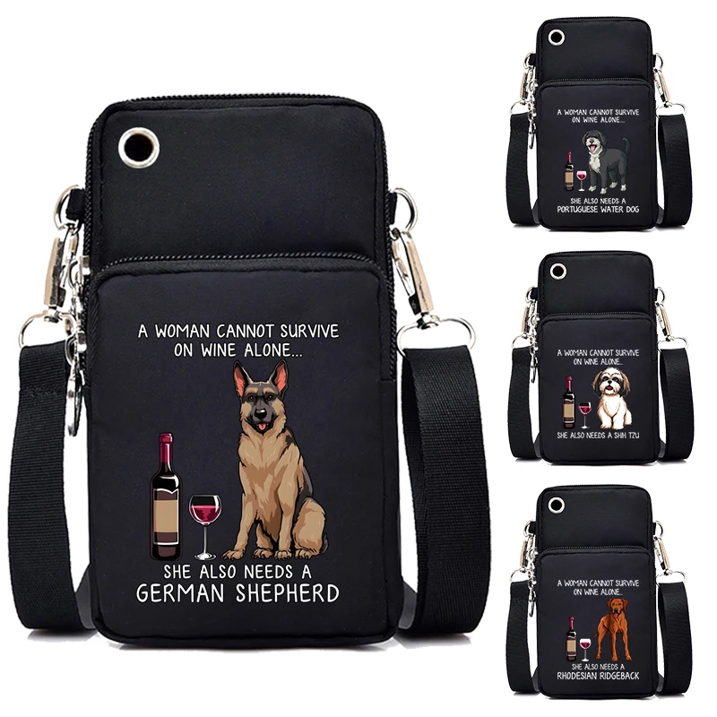 German Shepherd and Wine New Mobile Phone Bag Women\'s Messenger Bag Hanging Neck Coin Purse Vertical Handbag Small Crossbody Bag