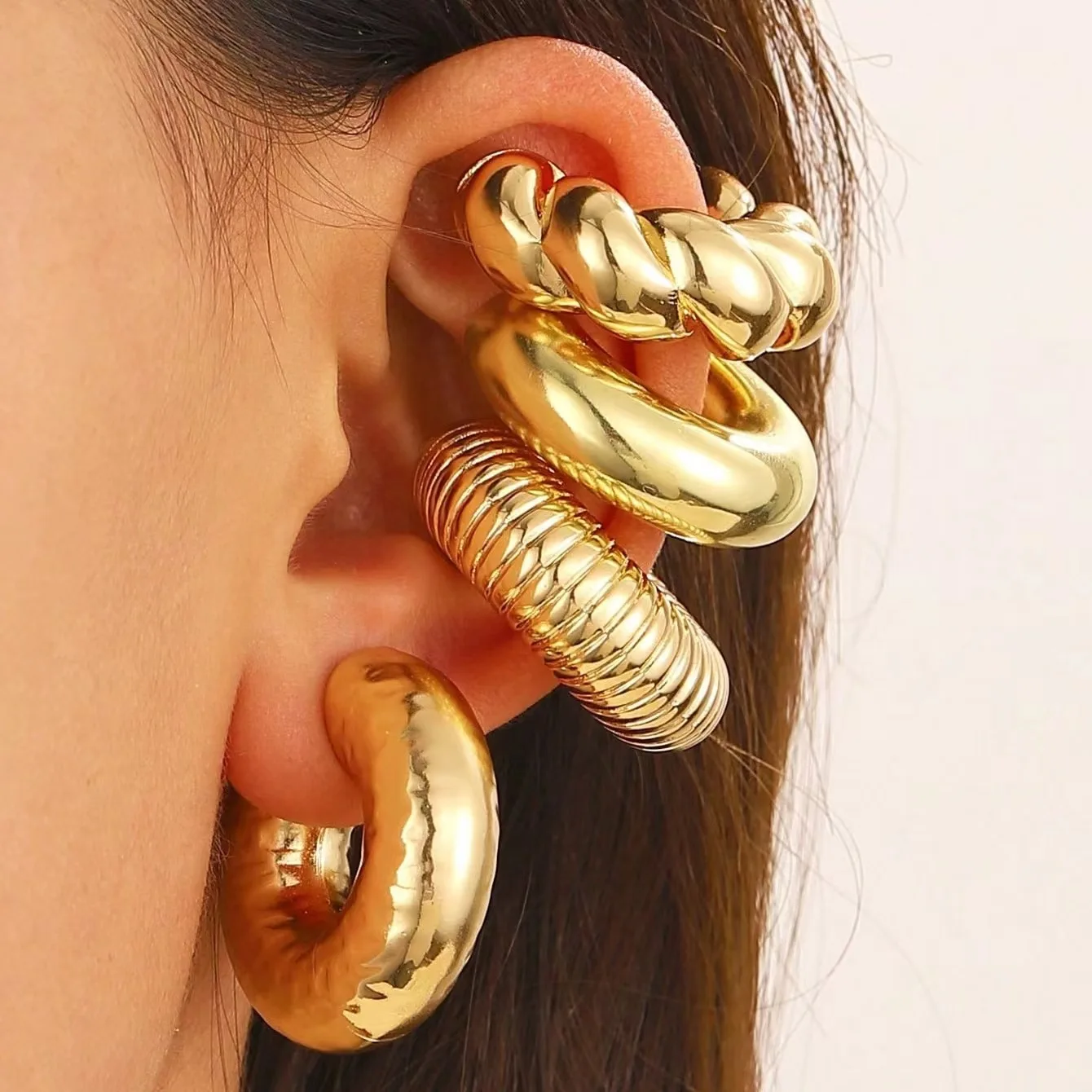 4Pc/set Vintage Geometric Clip Earring Women Trendy Glossy C Shape No Piercing Fake Cartilage Ear Cuff Jewelry Accessories