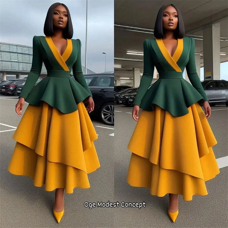 Green Yellow Women Suit Skirt Set 2 Pcs Blazer Prom Dress Cotton Formal Office Lady Jacket Customized Wedding Coat