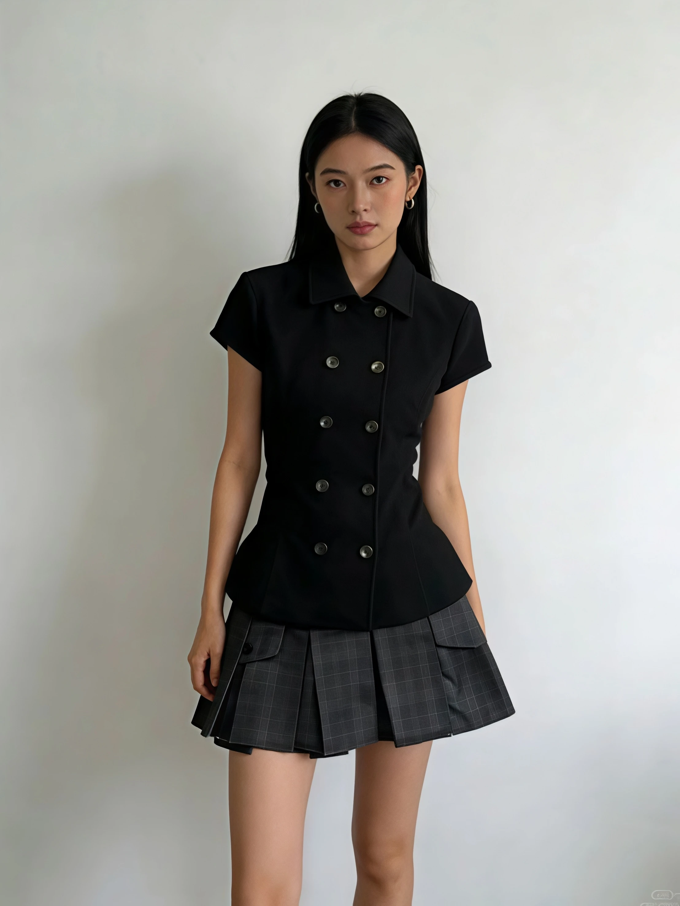 Korean Fashion Women Suit Black Fitted Short Sleeve Shirt Grey Check Pocket Pleated Skirt Casual Office Preppy Two-piece Outfit