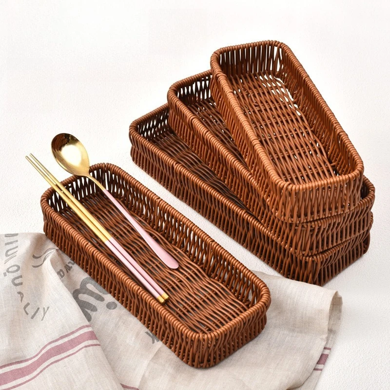 Imitation Rattan Desktop Storage Box, Kitchen Utensil Drainage Sorting Box, Hotel Knife Fork Spoon Partition Storage Basket