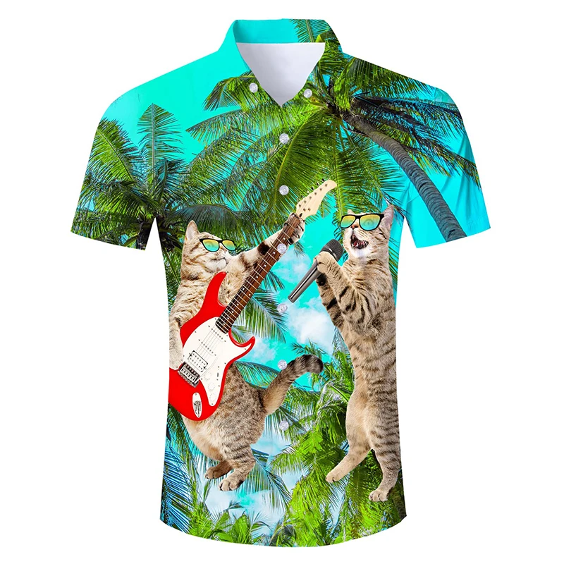 Summer Mens Hawaiian Shirts 3D Print Funny Cat Graphic Beach Shirt Casual Short Sleeve Button Down Aloha Dress T Shirts Clothes