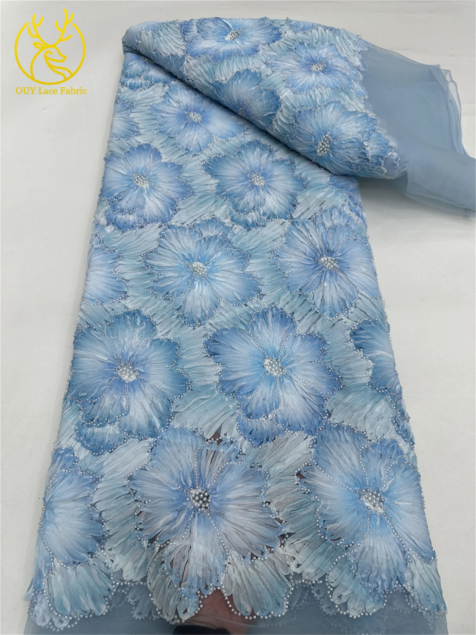 Latest Fashion Sequins Beaded Lace Fabric African Chunky 3D Floral Embroidery Luxury French Tulle Mesh Lace Fabric Party Dresses