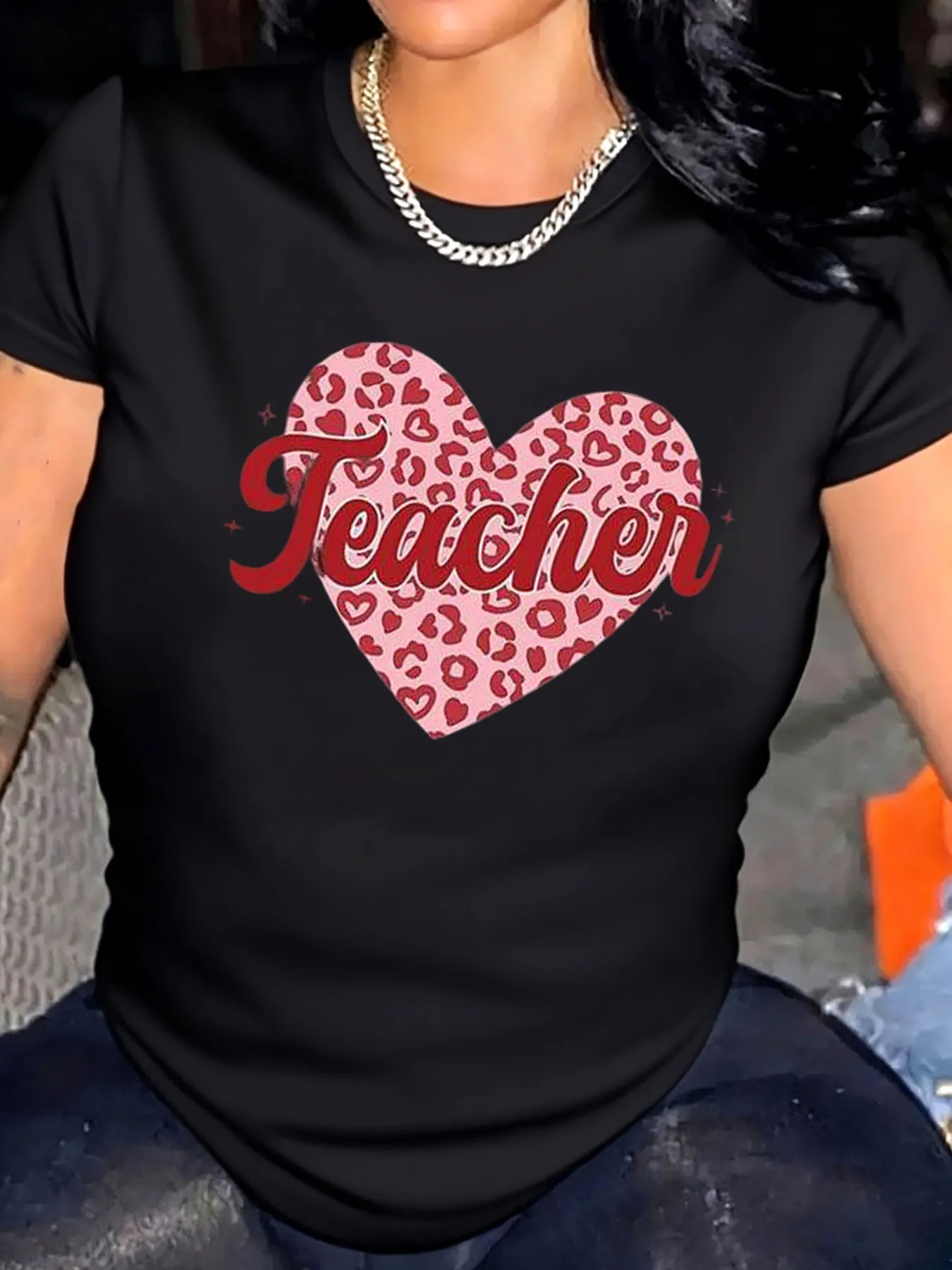 

Женская футболка больших размеров с леопардовым принтом в виде сердца для учителя на день Святого Валентина для улицы