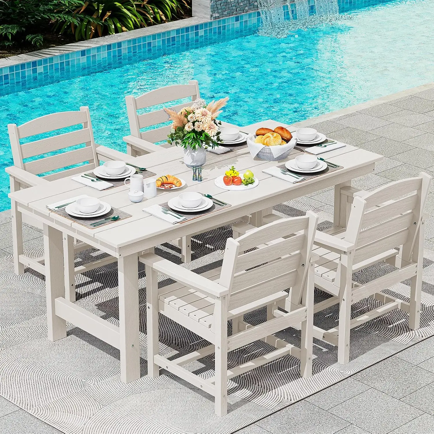 

Patio Table Set, Outdoor HDPE Dining Set with Umbrella Hole, 5-Piece - Table and 4 Chairs, All Weather for Lawn,Poolside, White