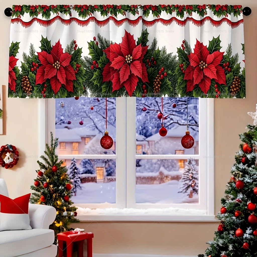Christmas Decorations Short Curtains Valances Polyester Poinsettia Pinecone Curtains for Xmas Party Kitchen Home Windows Decor