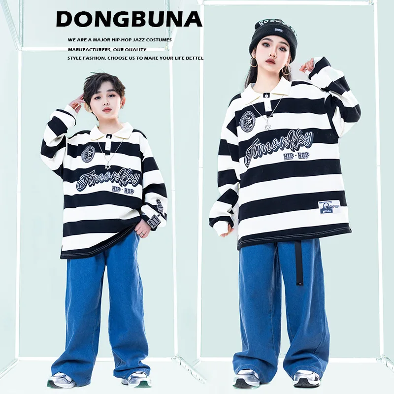 Kids Hip Hop Jazz Performance Set Girls Black & White Striped Dance Boys Korean Loose Stage Catwalk Clothes