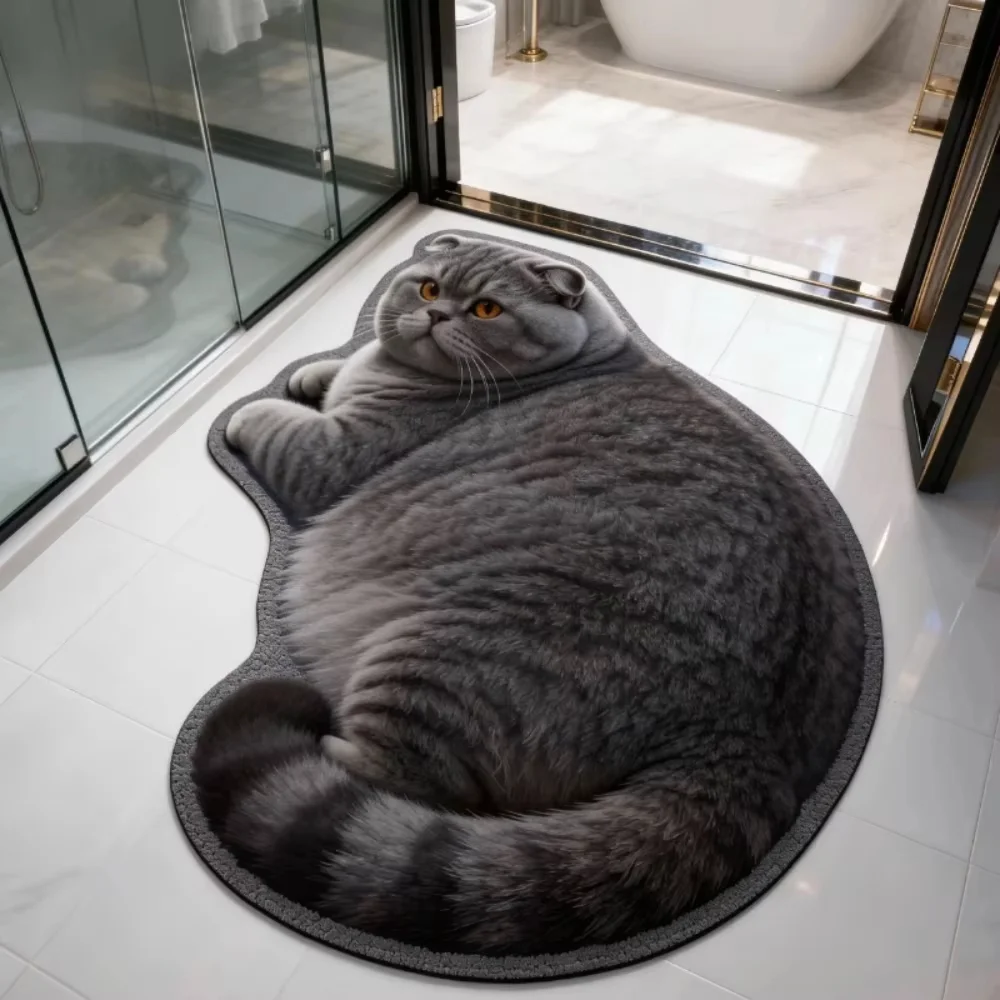 VIKAMA Cute 3D Visual Chubby Cat Irregular Rug, Non-slip Water-absorbent Doormat for Bedroom & Bathroom, Home Decor Mat