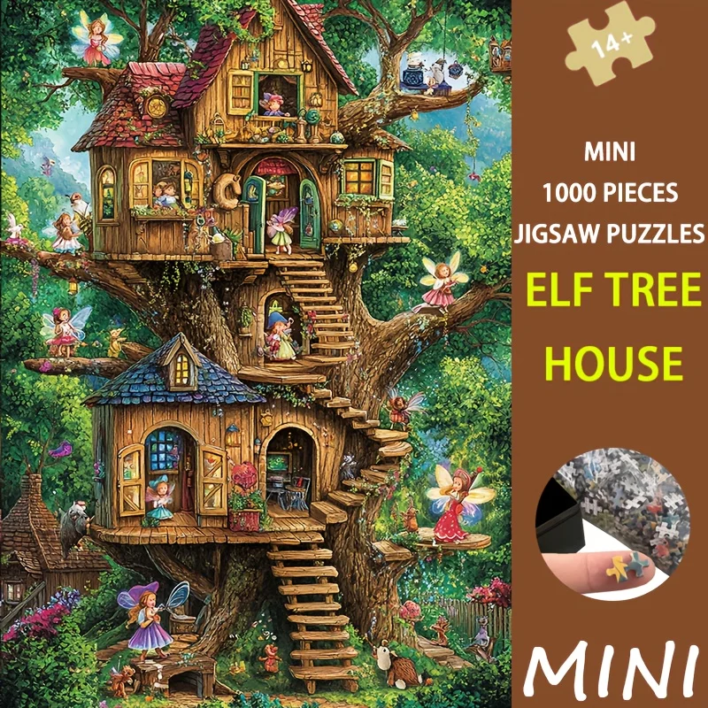 لغز صغير الحجم 1000 قطعة فن بيت شجرة قزم، 38 × 26 سم، كوخ شتوي سحري لديكور العطلة وعشاق الأعمال اليدوية