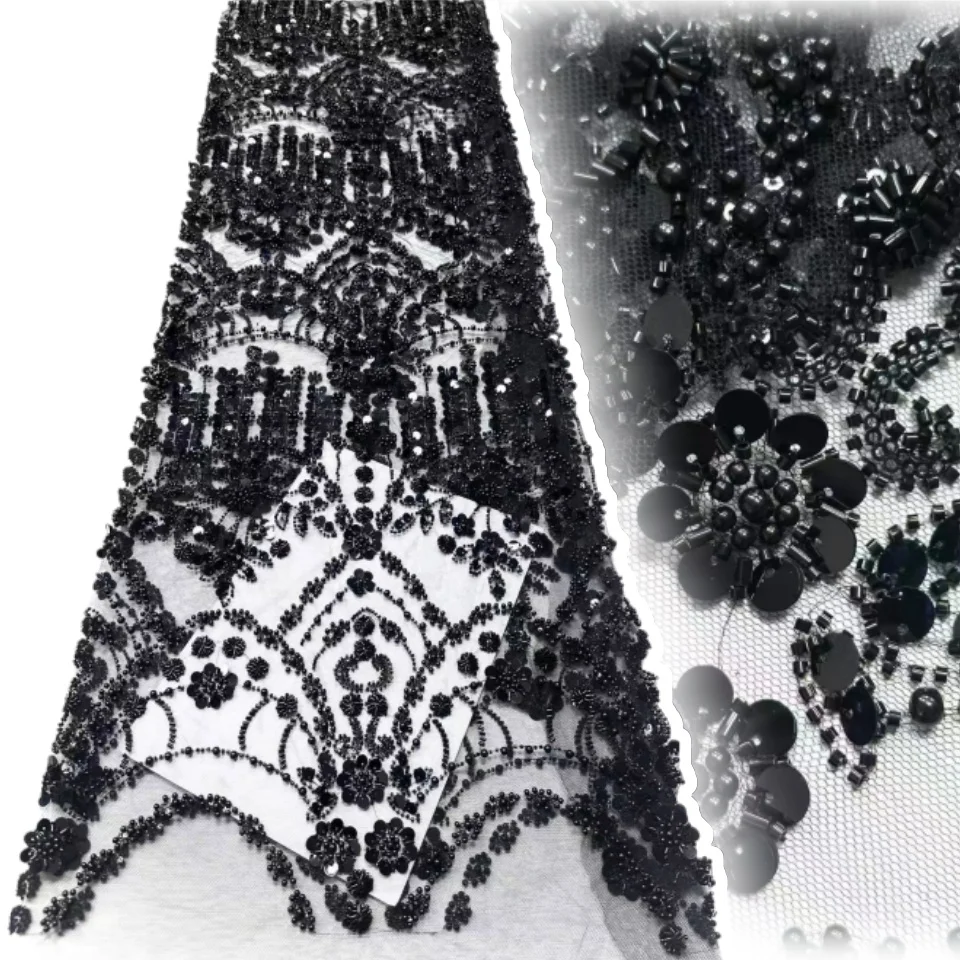 Black African Sequin Lace Fabric 2026 High-Quality Beaded Lace Embroidery Lace Fabric Suitable for Wedding Party Dresses 2161