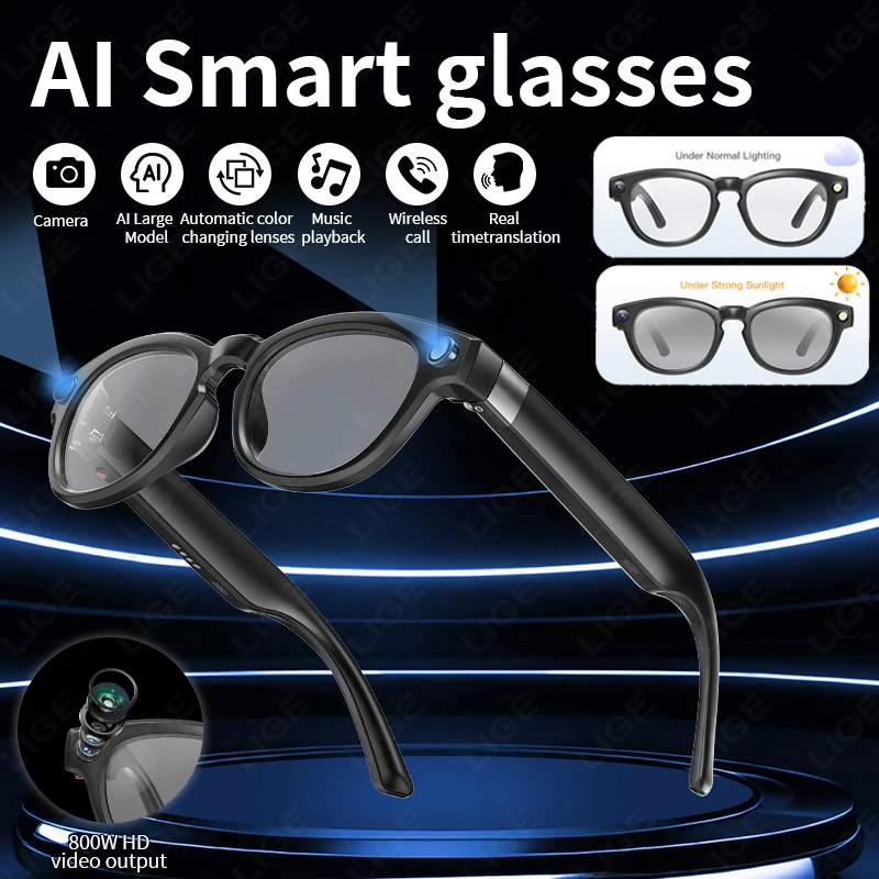 

New AI Smart Glasses 800W HD Camera Bluetooth Call Voice Assistant Photochromic Lens Touch Control Music Player Sunglasses Men
