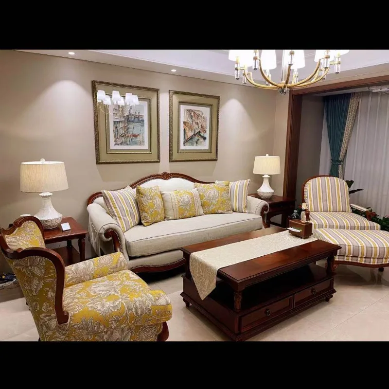 American neoclassical new Victoria sofa, three-person sofa, solid wood carving flower fabric double single sofa