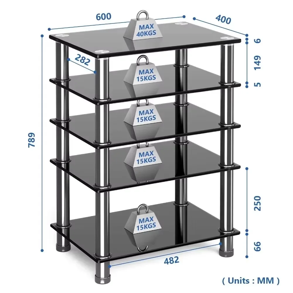 5-Tier Tempered Glass Shelf Stand Black Glass Chrome Legs HiFi AV Rack Media Console Storage Cabinet Living Room