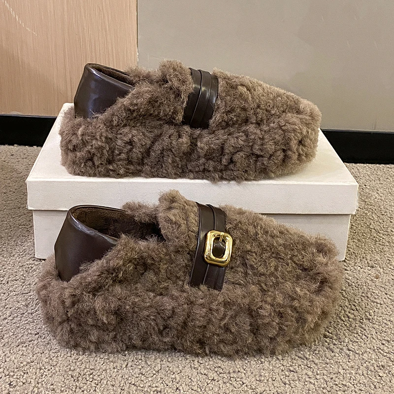 

Vintage Fur Lining Women Chunky Loafer Shoes Comfort Round Toe Platform Flats Shoes Winter Outdoor Warm Slip On Flats Shoes