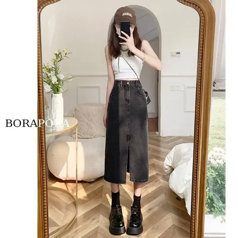 

Pop Charcoal Greydenim Skirt For Women Medium-length High-waisted Pear-shaped Versatile A- Line Skirt Summer Spring Season Pear